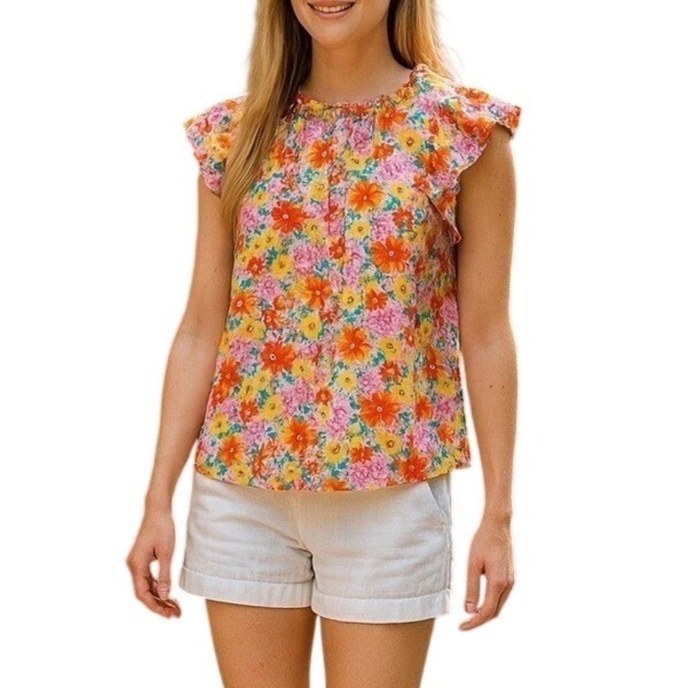 Mine Orange/Yellow Multicolored Floral Short Sleeve Blouse Top